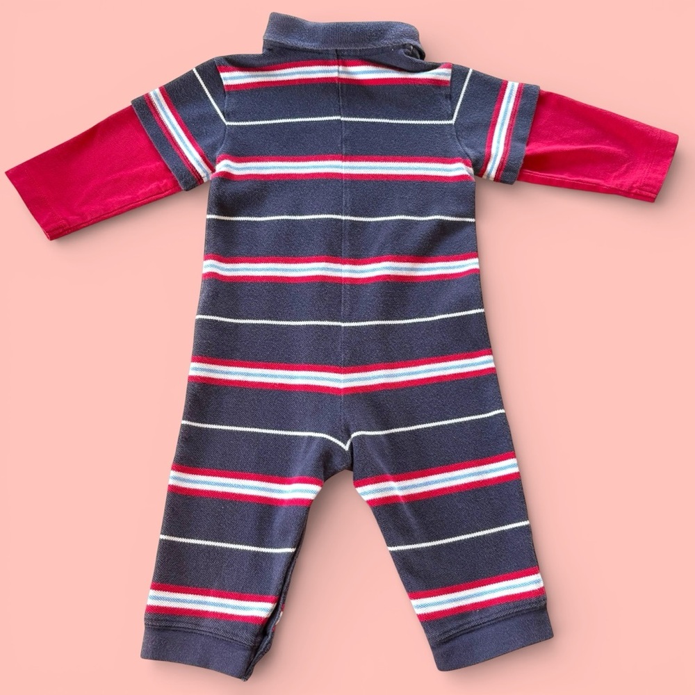 Vintage LAND’S END 3-6 Month Polo Striped Jumpsuit Layered Long Sleeves Snaps - Picture 2 of 10